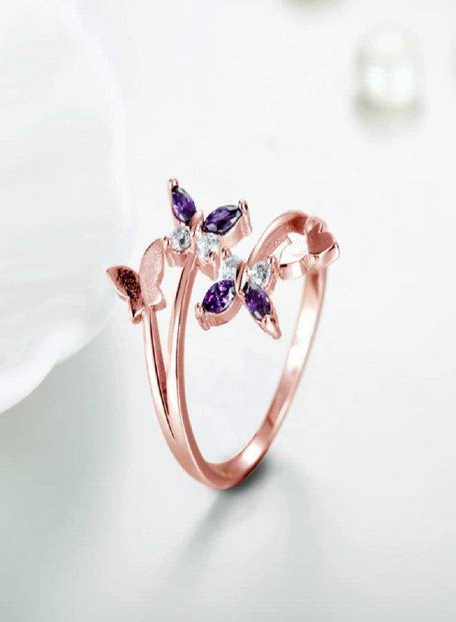 LRGKMCWTOB Women's 925 Sterling Silver Jewelry Shiny Butterfly Opening Adjustable Purple Zirconia Rose Gold Plated Rings Birthstone CZ Butterfly Shape Purple Austrian Crystals Rings (Rose Gold) - Image 2